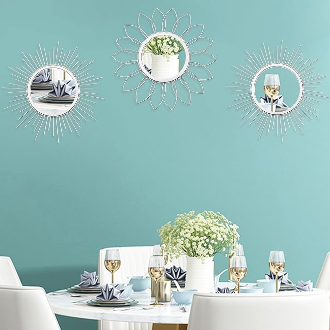 3 Pack Metal Mirrors for Wall Sunburst Wall Mirrors Home Décor Decorative Hanging Wall Art for Living Room Bedroom Entryway (Silver, Flower+Sunburst) - Image 7
