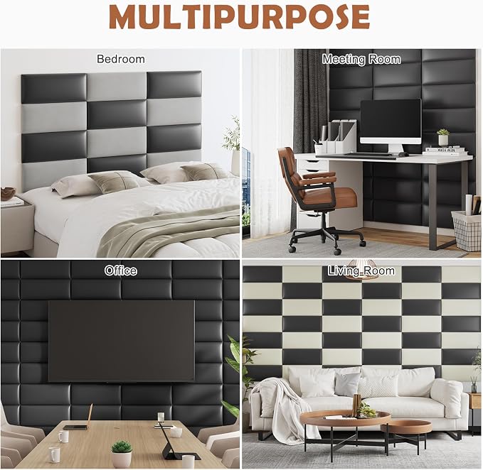 IFNOW Wall Mounted Headboard, Peel and Stick Panels, Black, Queen | Upholstered 3D Soundproof Acoustic Panels, Reusable and Removable, Padded Leather Bed Headboard, 9 Panels, 9.84" x 23.62" - Image 7