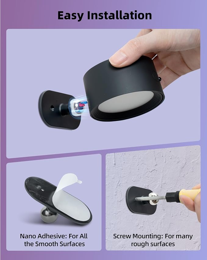 LED Wall Mounted Lights, Rechargeable Wall Sconces, 3 Color Temps, Remote & Touch, 360° Rotating and Dimmable for Bedroom, Bedside & Reading (Black-RGB, 2 Pack) - Image 9