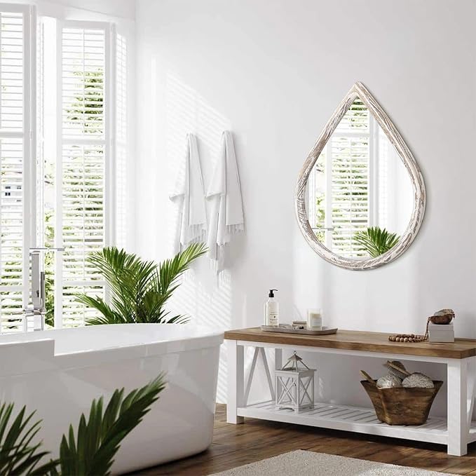Teardrop Mirrors with Wood Frame Farmhouse Rustic White Wall Hanging Mirrors Large Decorative Mirror for Living Room Bathroom Entryway - Image 7