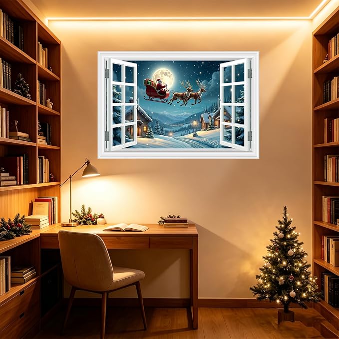 Fake Window Wall Decal - Christmas Night Santa Carry Gifts on The Roof | |Faux Window Merry Christmas Wall Art Mural | Stick and Peel Wall Decals|for Xmas Room Office Decor|48"x32",Set of 2 Sheets - Image 9