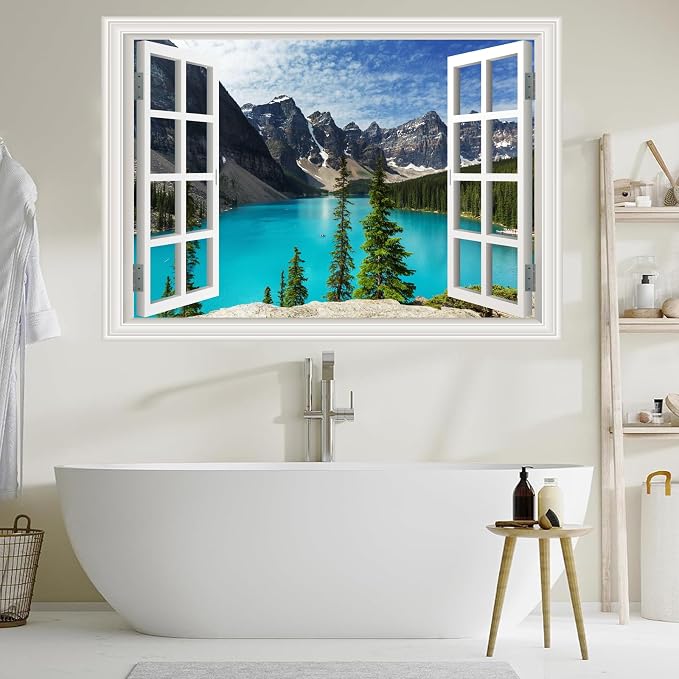 Large Murals Fake Window Wall Decal Summer Mountains Lake View Open Sticker | Faux Window Natural Scenery Landscape Mural| Stick and Peel Wall Decals|for Room Bedroom Office Decor|66"x48" - Image 9
