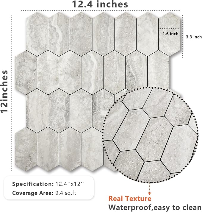 Vamos Tile Long Hexagon Peel and Stick Backsplash Tile - 10 Sheets Stick on Backsplash for Kitchen and Bathroom 12.4 x 12 Inch Beige Slate Look PVC Self Adhesive Mosaic Wall Tiles - Image 8