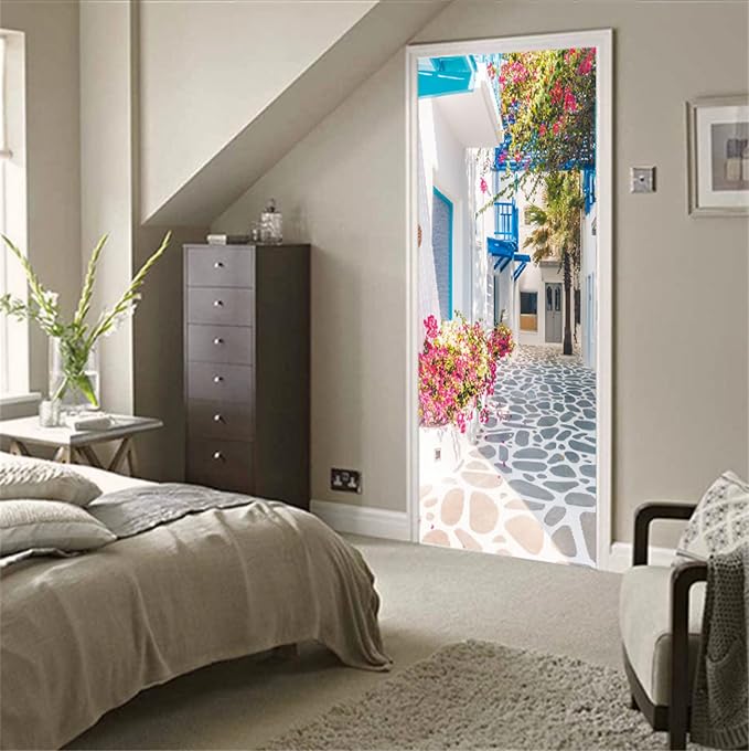 artfanke 3D Peel and Stick Door Sticker 30.3"x78.7"- Self-Adhesive Door Wallpaper Murals Decal-Romance Greek Street View Wall Poster for Home Decor (2 Sheets/Set) - Image 7