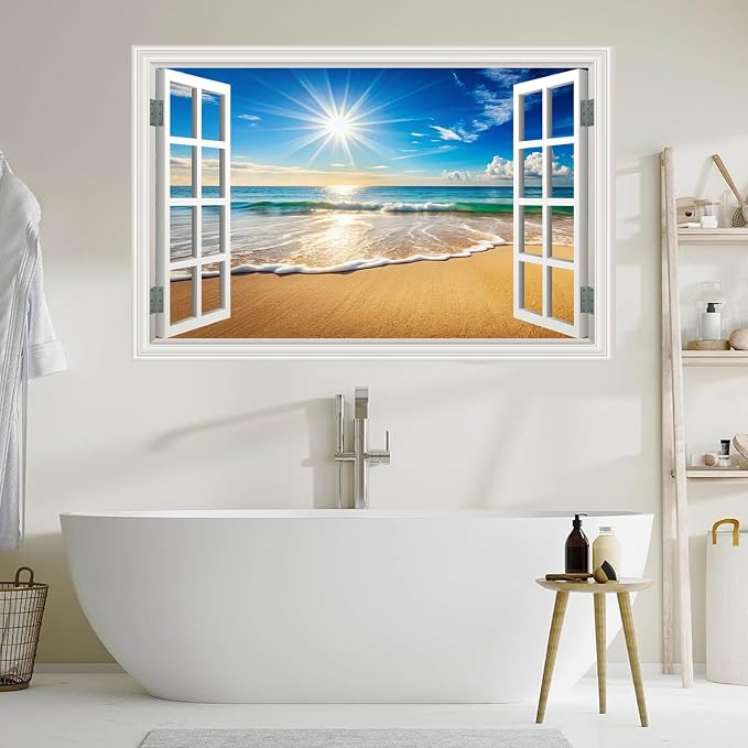 Large Murals 66"x48" Fake Window Wall Mural Sticker Beach Ocean Sea Faux Window Wall Cling Art Picture Office Poster Coastal Decals Decor, Stick and Peel Landscape Natural Scenery Scene - Image 9