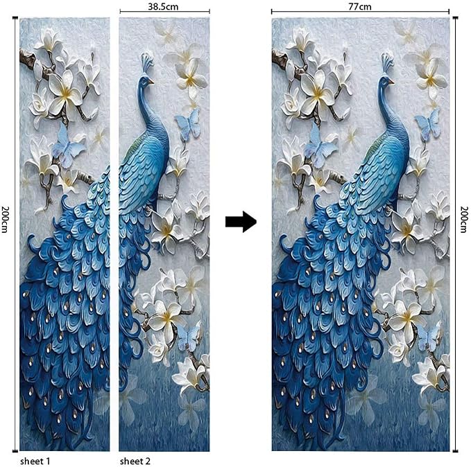 ChezMax Door Stickers Decals 3D Door Murals Peel and Stick, Removable Decorative Vinyl Wallpaper Waterproof Self Adhesive Wall Covers Poster for Home Office Decoration Vivid Palace 30.3" W x 78.7" H | 30.3"W x 78.7"H, 3D Blue Peacock Wallpaper,Waterpro... - Image 5
