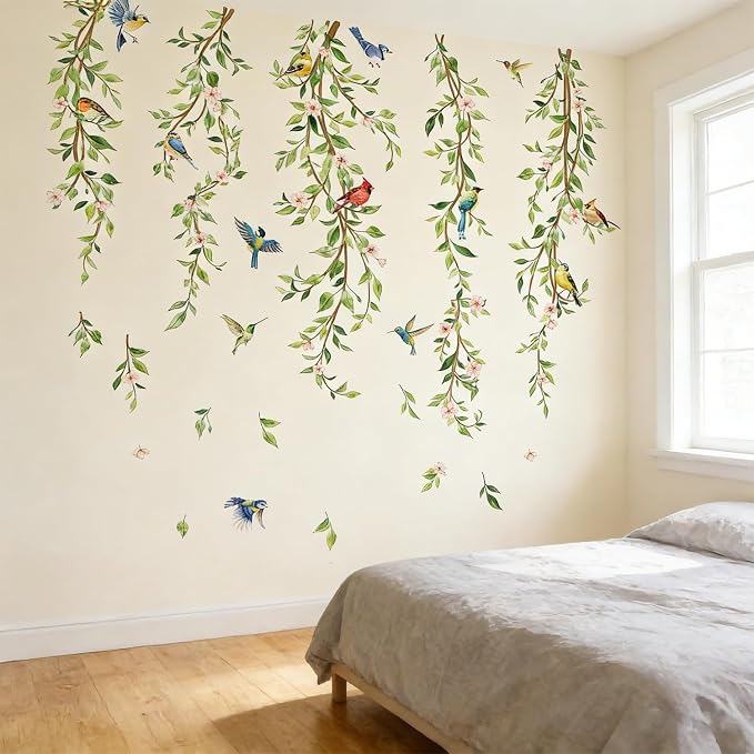 Green Leaf Vine Wall Decals, Hanging Plant Wall Stickers Birds | Floral Nature Decal Peel and Stick Mural for Bedroom Living Room Office TV Shower Door Home Decor - Image 7
