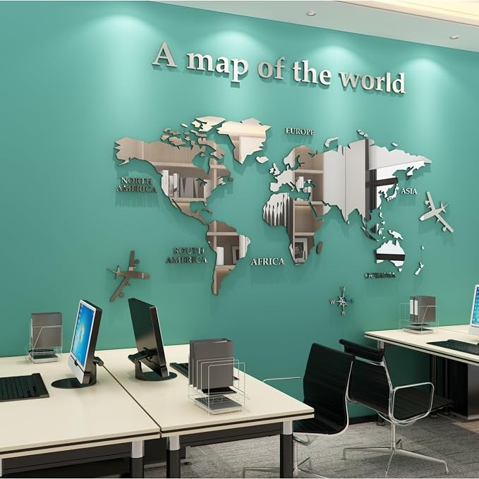 WINDIR 3D World Map Wall Stickers Decor Murals DIY Decal Silver 71x40 inch, Acrylic Office Wall Art Decor Bedroom Living Room TV wall (Silver: 180x100 cm) Large - Image 6