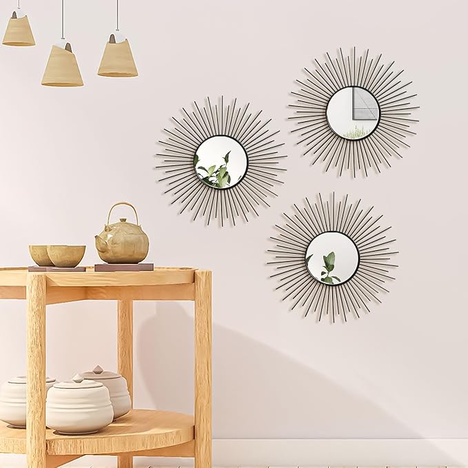 3 Pack Metal Mirrors for Wall Sunburst Wall Mirrors Home Décor Decorative Hanging Wall Art for Living Room Bedroom Entryway (Black2, Sunburst) - Image 7