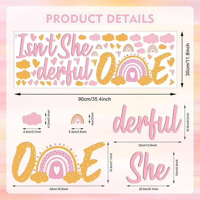 LHIUEM Boho Rainbow 1st Birthday Decals Cloud Rainbow Sweet Heart Shaped Decorations Wonderful Baby Girl Gift Bohemian Isn’t She Onederful First Birthday Stickers for Party Banner Backdrop Supplies - Image 7