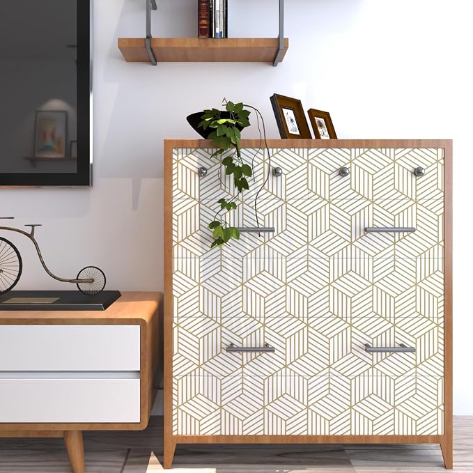MelunMer Geometric Contact Paper Peel and Stick Wallpaper Gold 17.7”×276” | Self Adhesive, Removable Wallpaper for Bedroom/Bathroom Waterproof, Modern Contact Paper for Cabinets Liner Easy to Install - Image 7