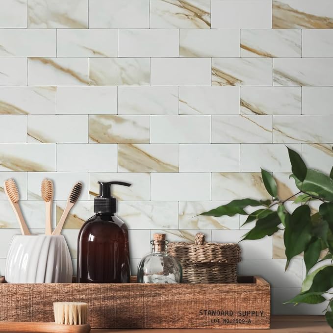 AULIGET 4-Piece Calacatta Gold Marble Look Peel and Stick Backsplash Wall Tiles, 3" x 6" Faxu Stone PVC Stick on Tile for Backsplash Kitchen, Bathroom, Laundry Room, Camper, Fireplace - Image 8