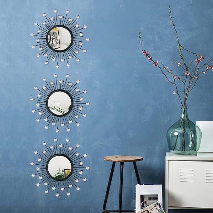 3 Pack Metal Mirrors for Wall Sunburst Wall Mirrors Home Décor Decorative Hanging Wall Art for Living Room Bedroom Entryway (Black Crystal, Sunburst) - Image 6