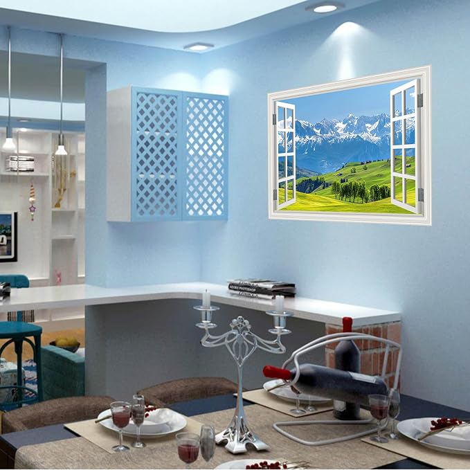 Fake Window Wall Decal- Mountain Forest Green Grassland Open Wall Sticker | Faux Window Natural Scenery Landscape Mural|Stick and Peel Wall Decals|Room Bedroom Office Scene Decor|48"x32",Set of 2 Sheet - Image 9