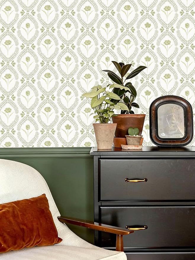 Orainege Peel and Stick Wallpaper Floral Vintage Wallpaper Self Adhesive | 16.9in x118.1in Removable Beige and Green Floral Wallpapers for Living Room Bathroom Shelf Vinyl Roll Decor - Image 7