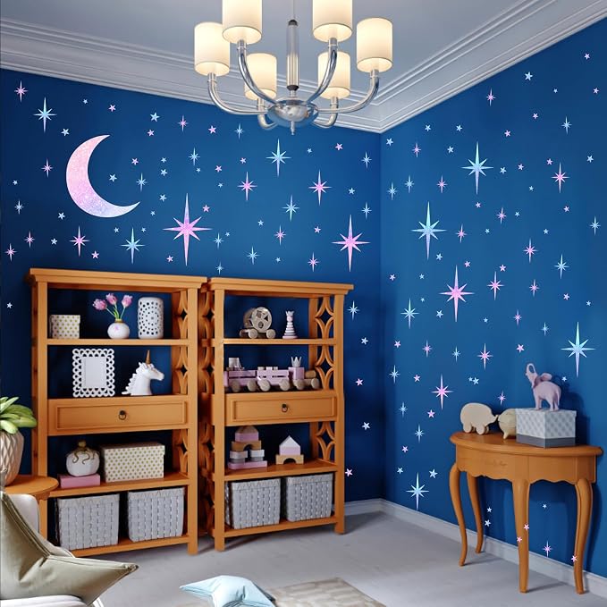 Retro Star Wall Decals Sparkle Wall Decor Stickers Rainbow Stars Moon Decal | Rainbow star room decor, peel and stick, removable vinyl art murals wallpaper, for ceiling baby kids girl bedroom living room - Image 9