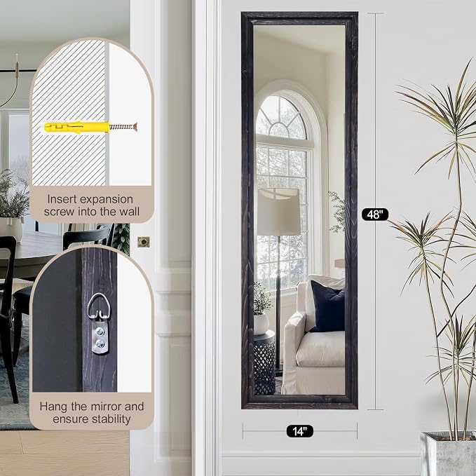 48"x14" Door Mirror, Rustic Full Length Mirror, Over The Door Hanging Mirrors Full Length, Wooden Hanging Mirrors for Bedroom, Bathroom, Black - Image 7