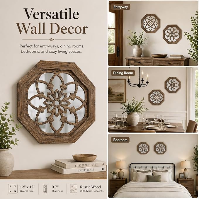 2 Pack 12 Inch Octagon Maroon Rustic Wood Frame Acrylic Wall Mirrors, Farmhouse Boho Wall Art Decor for Living Room, Bedroom, Hallway, Entryway, Bathroom & Office - Image 8