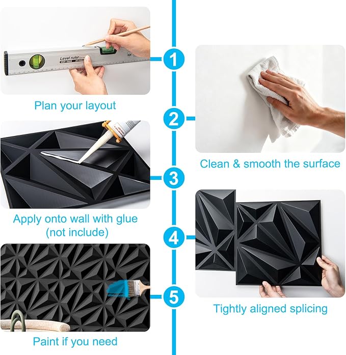 Art3d 33-Pack Accent 3D Textured Wall Panels, 11.8 x 11.8 in, Black | PVC, Decorative, Stain Proof, Wipeable, Trimmable, Ideal for Living Room, Bedroom, Office and TV Background Walls - Image 9