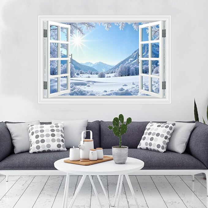 Fake Window Wall Decal- Winter Sunshine Snow Mountains Open Wall Sticker | Faux Window Conifer Forest Snowfield Landscape Mural|Stick and Peel Wall Decals|for Home Scene Decor|48"x32",Set of 2 Sheets - Image 9