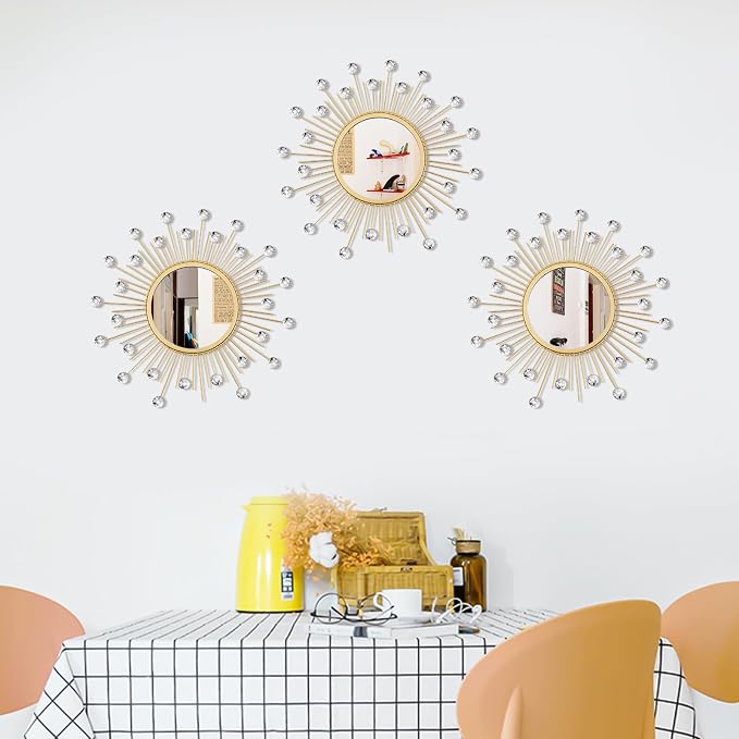 3 Pack Metal Mirrors for Wall Sunburst Wall Mirrors Home Décor Decorative Hanging Wall Art for Living Room Bedroom Entryway (Gold Crystal, Sunburst) - Image 7