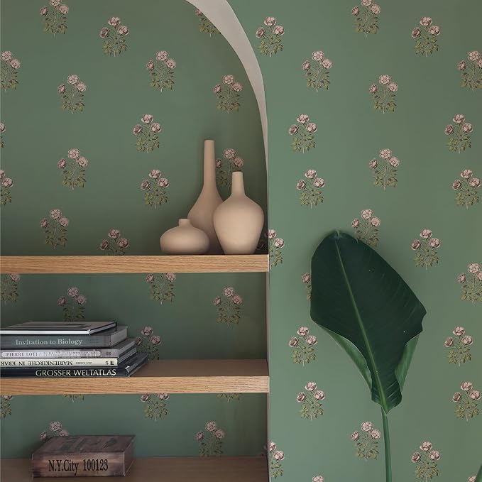 17.3" x 196.8" Vintage Floral Wallpaper Peel and Stick Boho Wallpaper Removable Waterproof Green Rose Pattern Contact Paper for Bedroom, Bathroom, Home Wall - Image 7