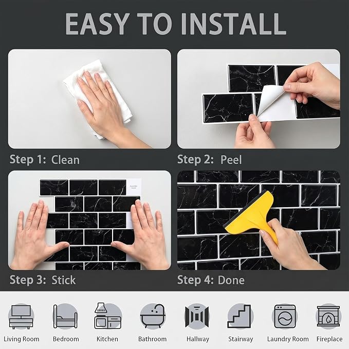 Arttown Peel and Stick 3D Wall Backsplash, 10-Sheet, 12" × 12" Black | Subway Tile Self Adhesive Thicker Design Wall Tiles Panel Wallpaper for Kitchen Bathroom Balcony Rental Housing - Image 7