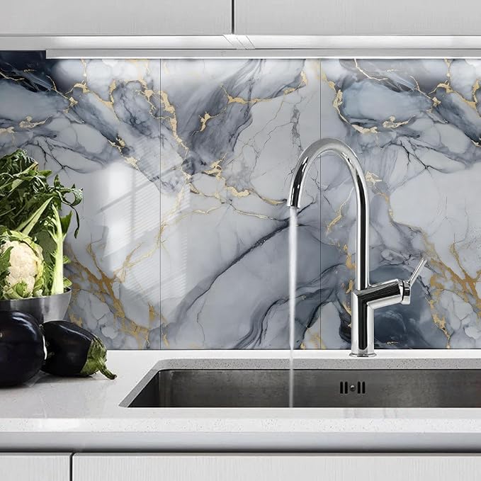 10pcs Thick Marble Peel and Stick Waterproof Wall Panels,Heat-Resistant Backsplash Tile, 23.6"x11.8" PVC Foam Wall Sticker for Kitchen,Living Rooms,TV Walls,Blue and Gold (Not Real Tile 19.4Sq. Ft.) - Image 9