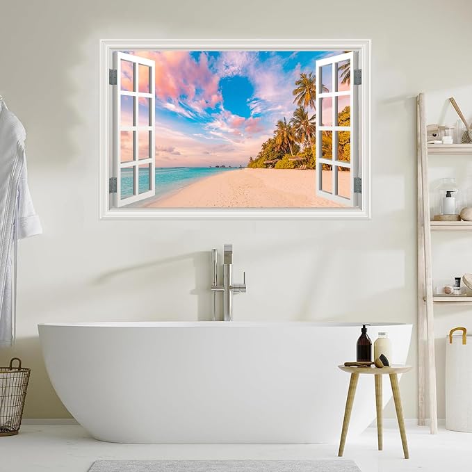 Fake Window Wall Decal - Summer Beach Seascape Ocean Scene Art Sticker | |Faux Window Natural Scenery Landscape Mural | Stick and Peel Wall Decals|for Room Bedroom Office Scene Picture Decor|24"x16" - Image 9