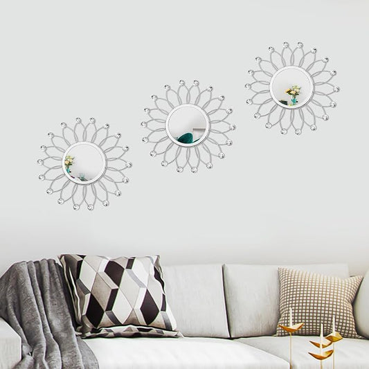 3 Pack Metal Mirrors for Wall Sunburst Wall Mirrors Home Décor Decorative Hanging Wall Art for Living Room Bedroom Entryway (Silver Crystal, Flowers) - Image 2