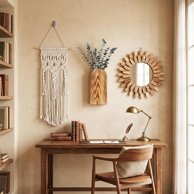 Novabright 9 Pcs Boho Decor Set Rustic Wood Boho Aesthetic Mirror Wooden Wall Vase Macrame Woven Wall Hanging 6 Pcs Eucalyptus Stems for Living Room Bedroom Home Party Wedding Decoration - Image 7
