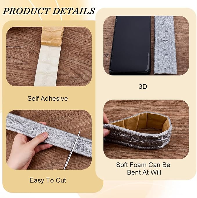 CRASPIRE 90x1.8in Peel Stick Foam Crown Molding Baseboard Trim Silver Grey Self Adhesive Flexible Mirror Wallpaper Sticky Border 3D Wall Edging Lines Base Baseboard for Hotel Home DIY Decoration - Image 6