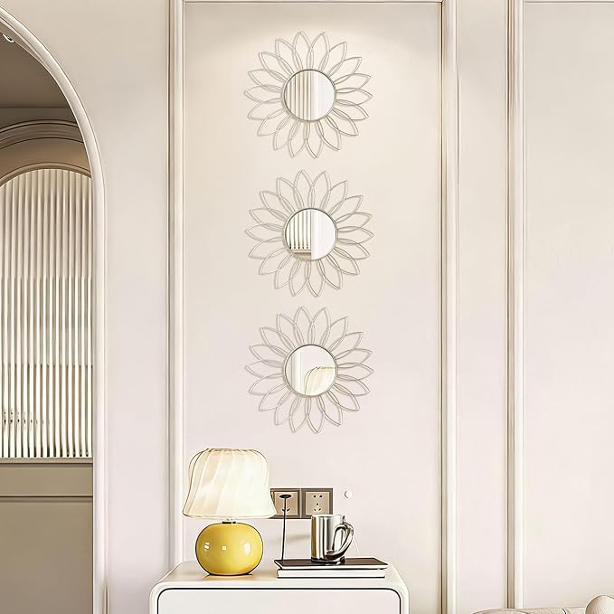 3 Pack Metal Mirrors for Wall Sunburst Wall Mirrors Home Décor Decorative Hanging Wall Art for Living Room Bedroom Entryway (Silver2, Flowers) - Image 7