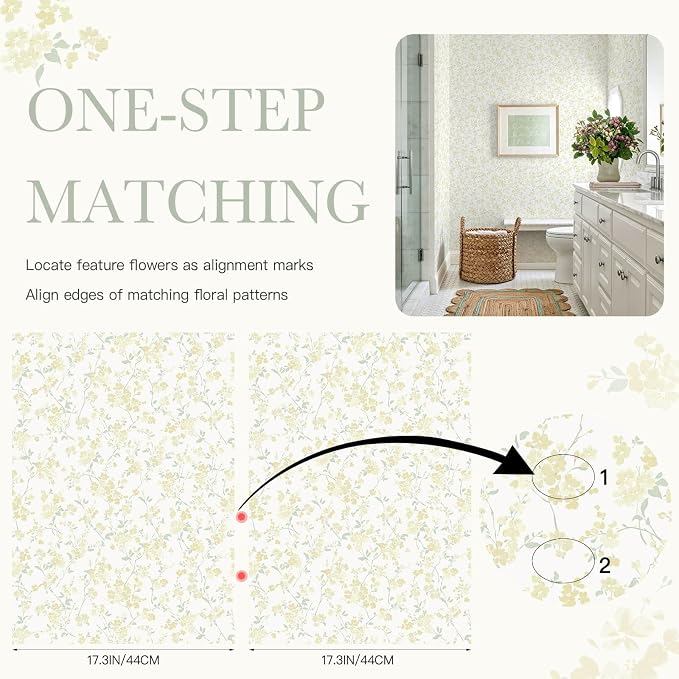 Peel and Stick Wallpaper for Nursery Yellow Cherry Blossom Waterproof | 197"×17.3" Yellow Floral Watercolor Wallpaper Gentle Accent Wall Decor with Grid Lines for Bedroom Vinyl Self-adhesive - Image 9