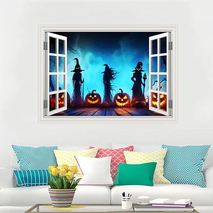 Halloween Fake Window Wall Decals Creepy Three Witches Pumpkin Art Sticker | |Faux Window Terror Spooky Ghosts Landscape Mural | Stick and Peel Wall Decal|for Halloween Room Scene Picture Decor|24"x16" - Image 9