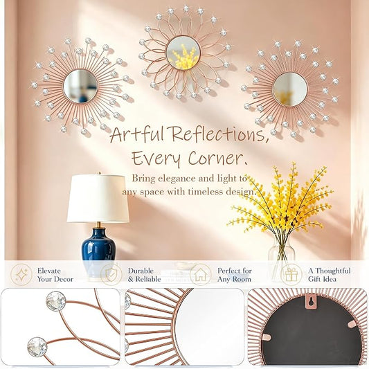 3 Pack Metal Mirrors for Wall Sunburst Wall Mirrors Home Décor Decorative Hanging Wall Art for Living Room Bedroom Entryway (Rose Gold2 Crystal, Flower+Sunburst) - Image 2