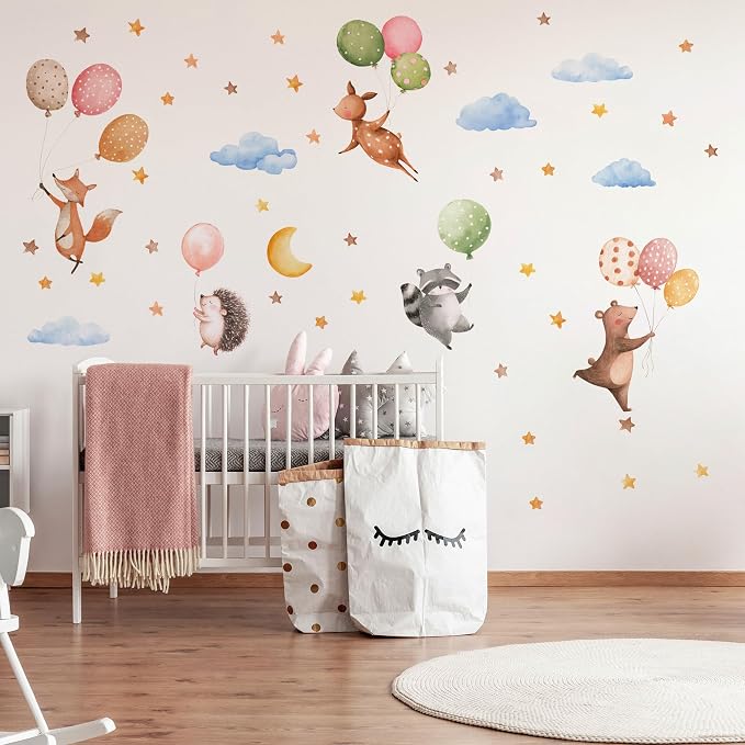 Watercolor Jungle Animal Wall Decal, Removable Nursery Woodland Animals,Cloud,Stars,Balloon Wall Stickers for Kids Boys and Girls Room, Bedroom & Toddler Room Decor (Balloon Animal Decals 84) - Image 8
