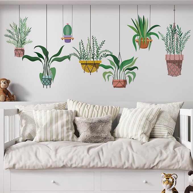 Green Hanging Potted Plant Vine Wall Decals - Peel and Stick, Leaf Shelf Wall Stickers, Boho Art Decor - for The Living Room, Bedroom, and Office - Image 6