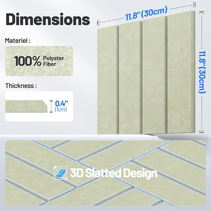 20 Pack Sound Proof Foam Panels for Walls, Acoustic Panels Self-Adhesive | 12" X 12" X 0.4" Slatted Soundproof Wall Panel, High Density Sound Absorbing Panel for Gaming Recording Studio Decor-Sage - Image 7