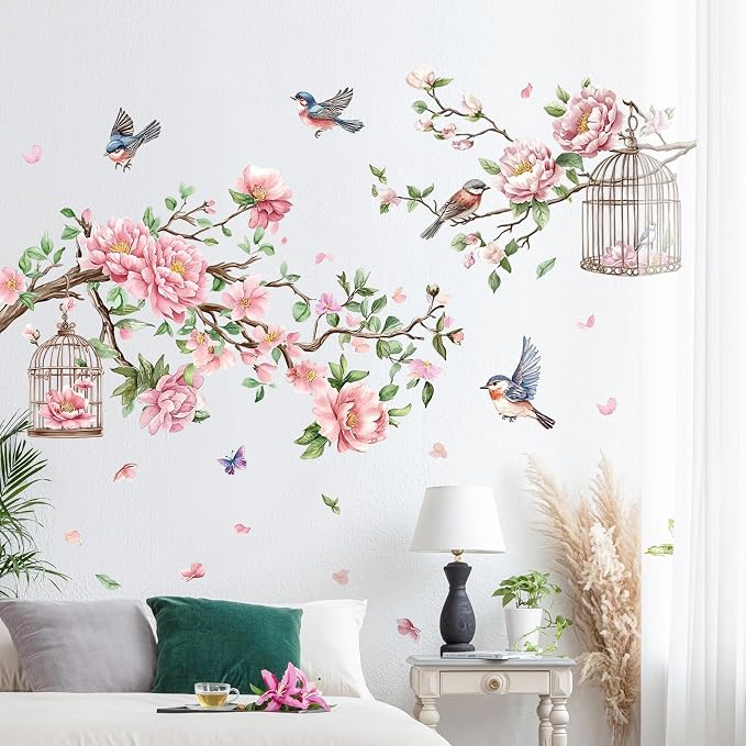 Removable Large Flowers with Tree Branches Wall Stickers – DIY Peony Floral Birds Wall Decals, Peel and Stick Leaves & Birdcage Wall Decor for Kids Girls Bedroom, Nursery, Living Room, Classroom - Image 7