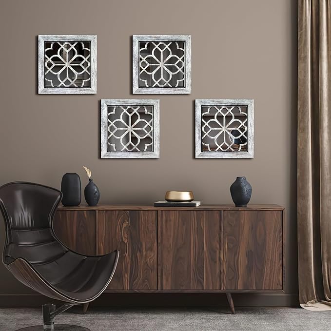 Set of 4 Boho Wall Mirrors with Carved Floral Design, 12x12 Inch Rustic Farmhouse Accent Mirrors, Vintage Style Shatterproof Square Mirror Decor for Living Room, Bedroom(Grey) - Image 8