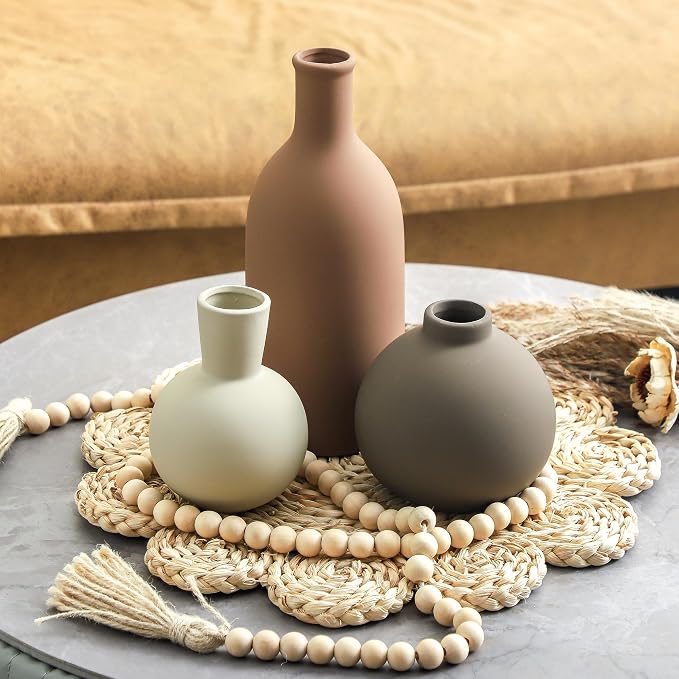 Vase Set of 3 | Ceramic Neutral Vases Home Decor | Rustic Flower Pottery Vases Modern Farmhouse Vase for Table Entryway Mantel Centerpiece Bookshelf Living Room Bathroom Bedroom -Brown Large - Image 8