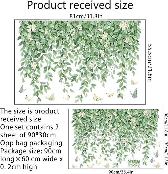 Green Leaf Wall Decals Hanging Vine Wall Sticker Plant Flower Wall Decal Butterfly DIY Removable Wall Stickers Peel and Stick Art Murals for Bedroom Living Room Kids Nursery - Image 6