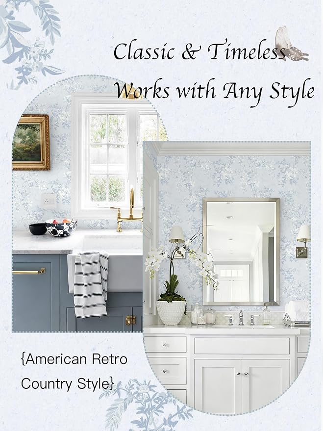 Dimoon Blue Peel and Stick Wallpaper Floral Vintage Wallpaper French Country Renter Friendly Contact Paper Bathroom Kitchen Removable Boho Stick on Wall Paper Vinyl Roll 17.3''x197 - Image 9