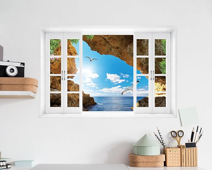 FLFK Fake Window Wall Decal - Seascape with Seagulls View Peel and Stick Mural, 24 x 16 inches - Image 6