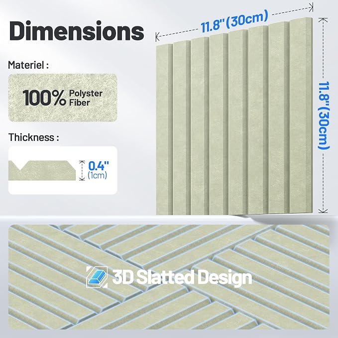 20 Pack Sound Proof Foam Panels for Walls, Acoustic Panels Self-Adhesive | 12" X 12" X 0.4" Slatted Soundproof Wall Panel, High Density Sound Absorbing Panel for Gaming Recording Studio Decor-Sage - Image 7