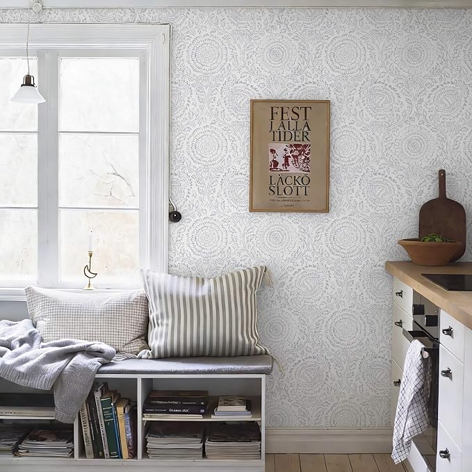 Ismoon Floral Peel and Stick Wallpaper Boho Grey and White Contact Paper | 17.3x393in Light Gray Wall Paper Textured Self Adhesive Removable Wallpaper for Bedroom Kitchen Renter Friendly Vinyl - Image 9