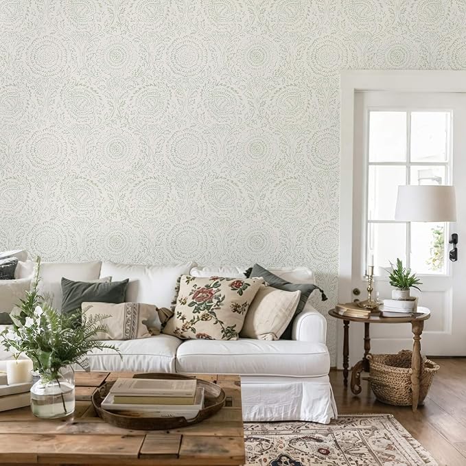 Ismoon Green Peel and Stick Wallpaper Boho Floral Contact Paper 17.3x393in | Beige Renter Friendly Wall Paper Textured Self Adhesive Removable Wallpaper for Bedroom Kitchen Thicken Vinyl Waterproof - Image 8