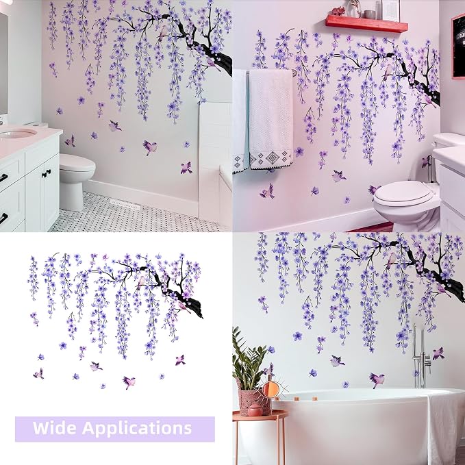 Lilac Purple Wall Decor 4 Sheets Large Cherry Blossom Tree Wall Stickers | Spring Purple Flower Bird Wall Decals Peel and Stick Wall Murals Decor for Living Room Bedroom (Purple, 11.8 * 35.4inch) - Image 7