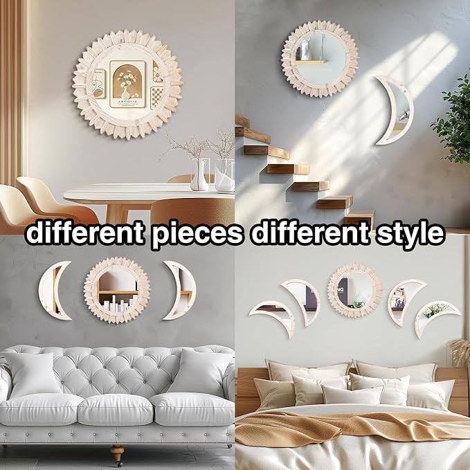 WAKOSAN Moon Phase Wall Mirror Set, 5PCS Wooden and Real Glass Mirrors - Image 6